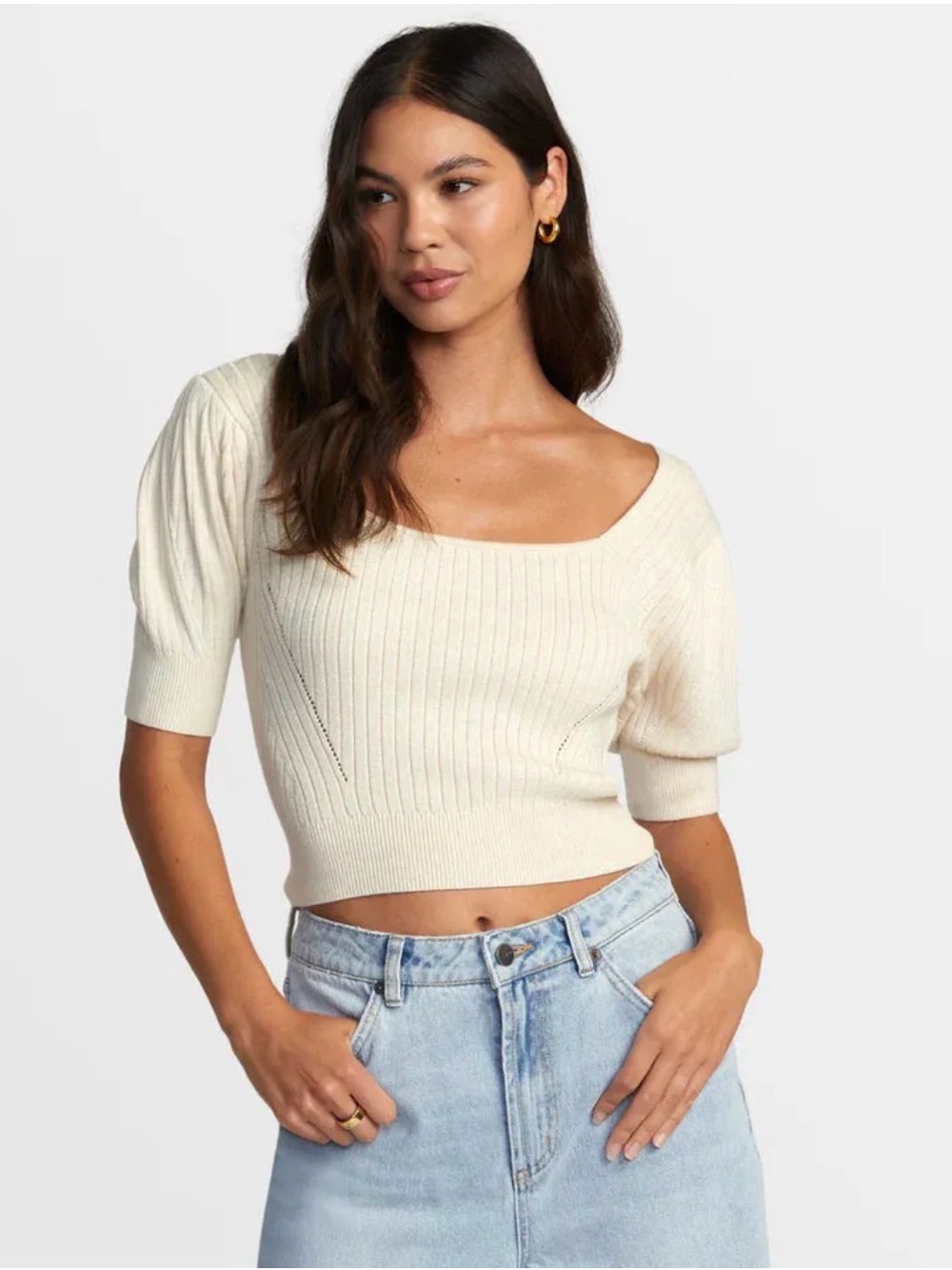 RVCA Ribbed Puff Sleeve Sweater Top Large NWT Cream Square Neck Coquette Boho L